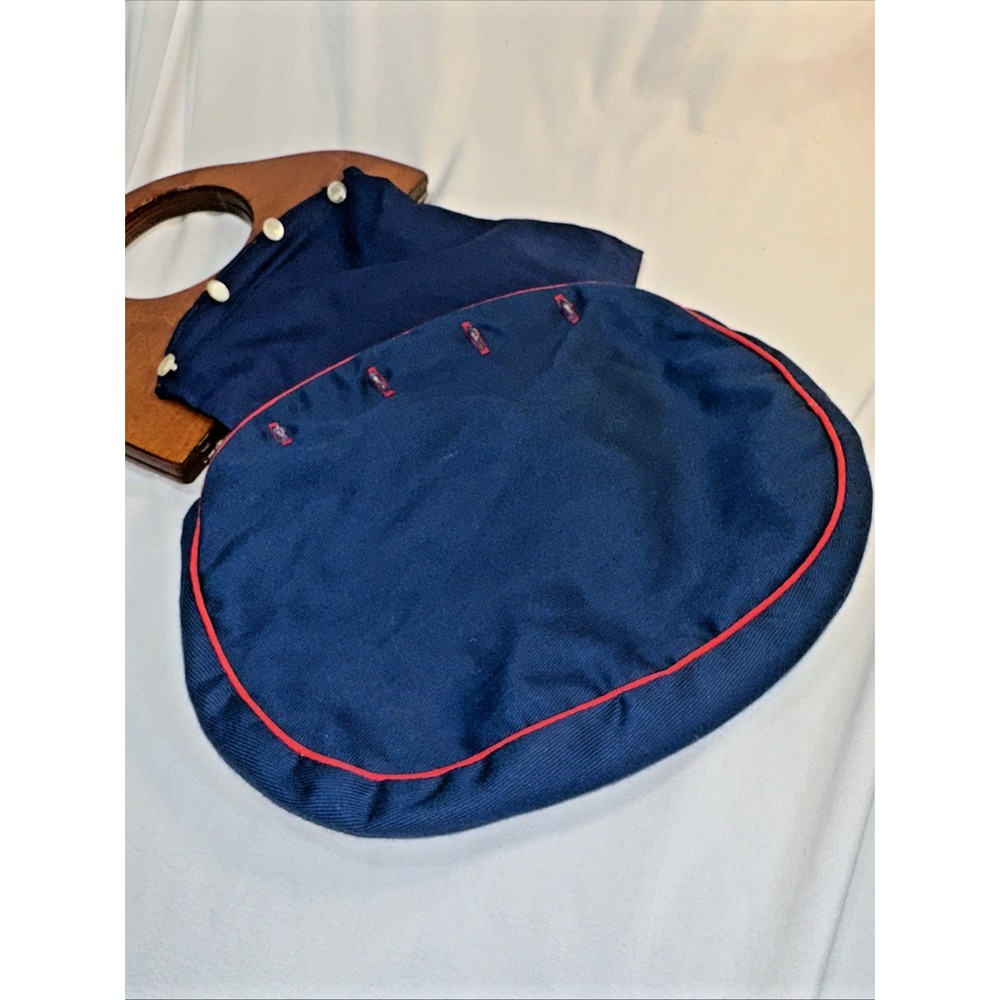 Vintage Bermuda Bag Purse Wooden Handles Buttons Reversible Cotton Cover Mint - Picture 8 of 9
